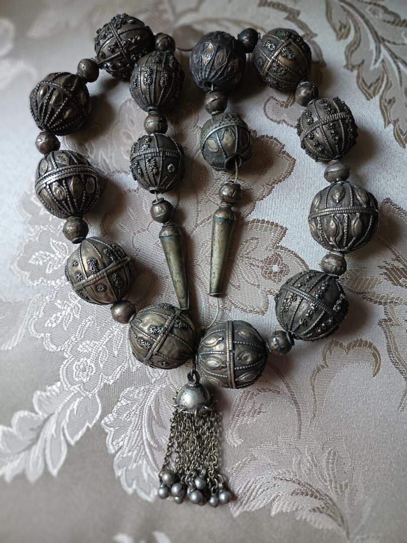 Antique Granulated Silver and Hollow Silver Beads Strands, from