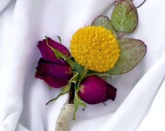 Dried Flower Bouquet with Red Roses, Craspedia, Baby's Breath and Eucalyptus - Natural Home Decor - Handmade Gift