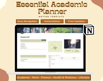 Notion Academic Student Planner | The Essentials, planejador digital acadêmico, rastreador de tarefas, rastreador financeiro, centro de estudo, painel de noção