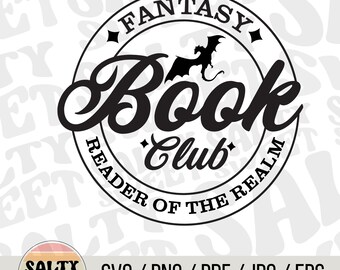 May include: Black and white graphic design of a book club logo. The logo features a dragon, the words "Fantasy Book Club", and the text "Reader of the Realm".