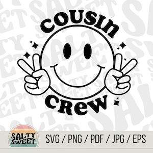 Cousin Crew SVG | Retro Smiley Face com sinais de paz SVG | Design SVG de reunião de família para Cricut e Silhouette