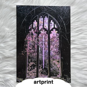 Gothic Church Window Artprint | Sword & Moon Illustration | Archway Dark Art Poster DIN A4 | Mystical Wall Decor