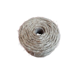 May include: A roll of natural twine, a type of string made from natural fibers, is wound around a cardboard core. The twine is a light brown color and has a rough texture.