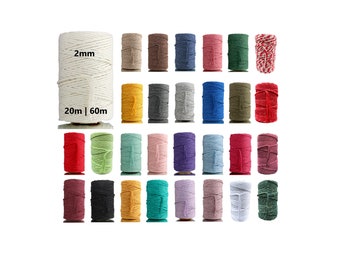 Macrame cord 2 mm | 29 colors | Length: 20 m, 60 m | Thickness 2 mm | 100% natural cotton, cotton yarn for DIY, recyclable cord