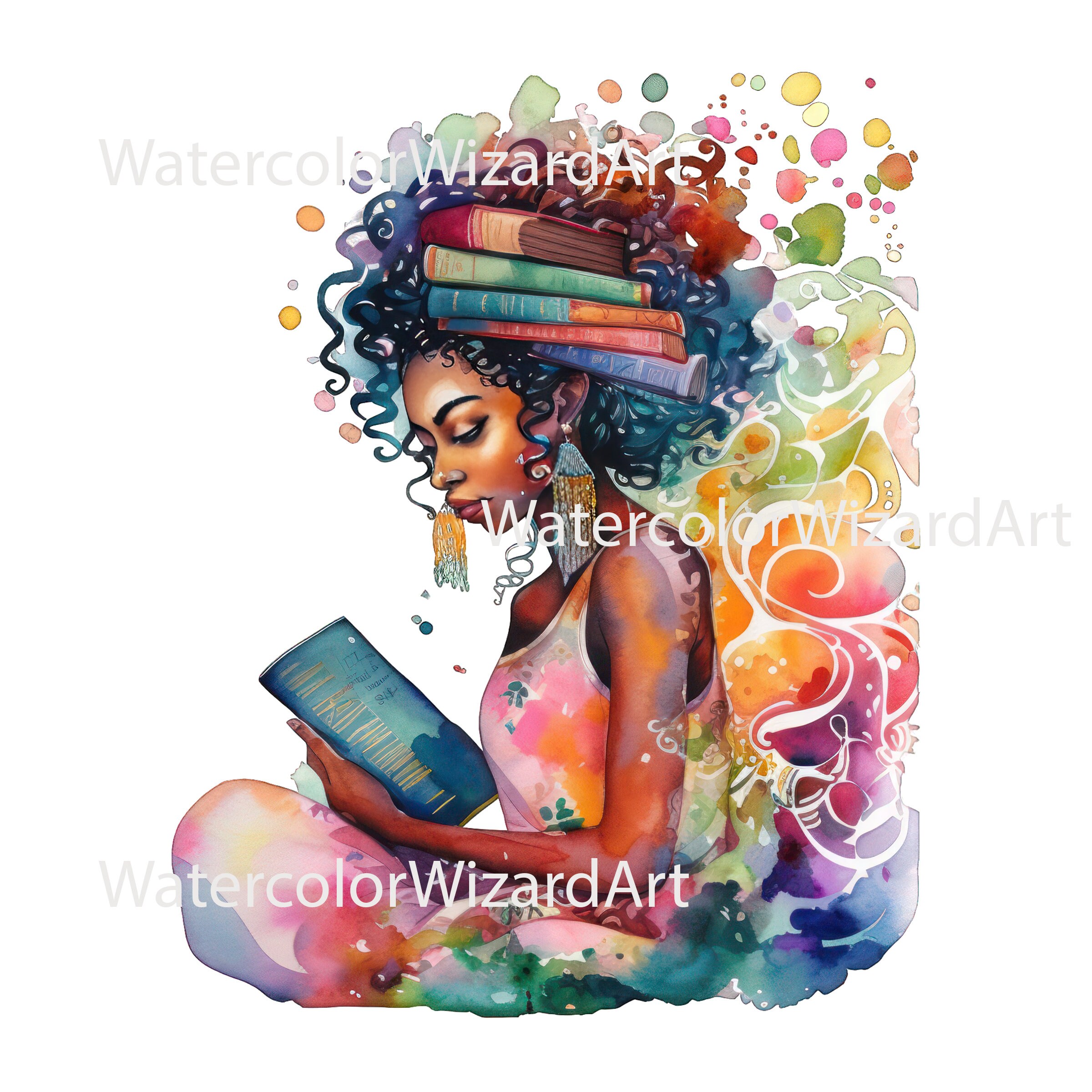 Watercolour Black Girl Reading Clipart, Girl Studying Clipart, Book ...