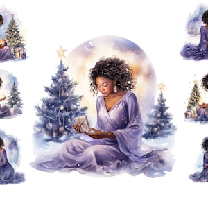 Aquarel zwarte vrouw kerstscène clipart, Afro-Amerikaanse vrouw png, volledig commercieel gebruik, decoraties, geschenken, Eve