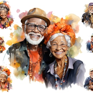 Watercolour Happy Black Old Couple Clipart, Elderly People Png, Senior Couple,  Sublimation ,  Full Commercial Use