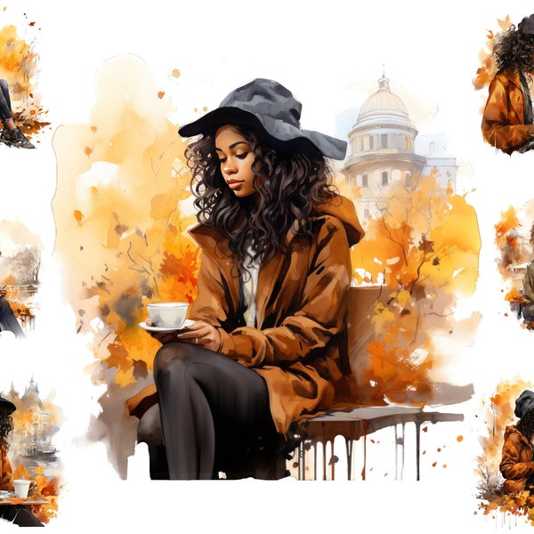 Watercolour,  Black Girl Having A Coffee In Fall Atmosphere, Sublimation Png,  Full Commercial Use