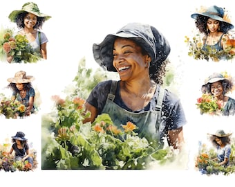 Watercolour Black Girl Gardening Png, African American Woman Gardener Clipart, Plants Flowers Png,  Full Commercial Use