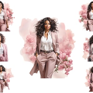 Acquerello Black Boss Lady Clipart, Donna Afro Americana, Donna D&#39;affari Rosa Png, Glam Lady Png, Uso Commerciale Completo