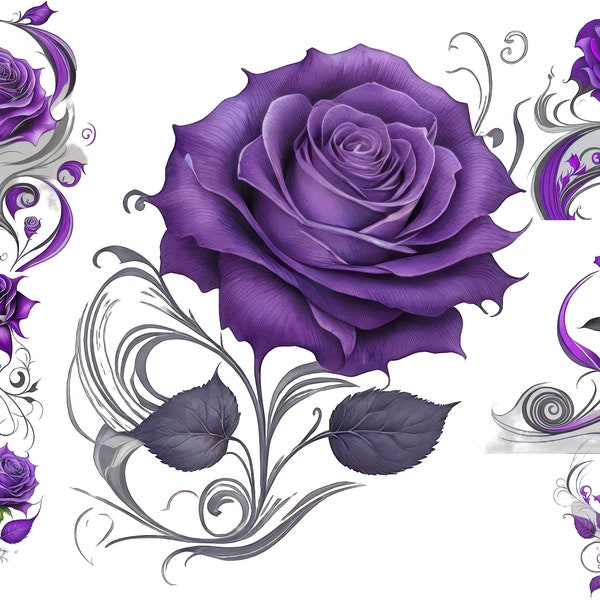 Watercolour Purple Roses Clipart, Cute Purple Roses Png,  Mystical Clipart, Full Commercial Use, Fine Line Art