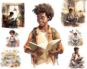 Watercolour Bookworm Black Boy Clipart,Boy Books Clipart, Book Lover PNG, Student Clipart, Reading Png, Reading Corner,  Full Commercial Use