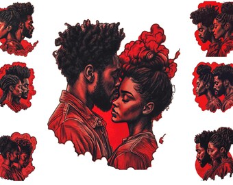 Akwarela Romantyczna Czarna Para Clipart. Afroamerykańska Para Png, Miłość Clipart, Walentynki Do Wydruku, Sublimacja Png
