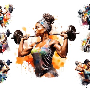 Puede incluir: Una ilustración de acuarela de una mujer levantando pesas. La mujer lleva un top gris sin mangas y una diadema colorida. El fondo es una acuarela de color naranja y amarillo.