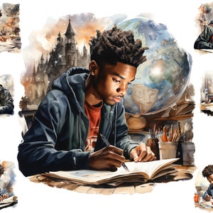 Aquarela Black Boy Estudante Clipart, Homem Afro Americano Escritor Png, Estudante Clipart Png, Uso Comercial Completo, Sublimação