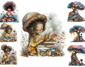 Chica negra con acuarela, ratón de biblioteca, chica con libros, amante de los libros, estudiante, lectura, uso comercial completo