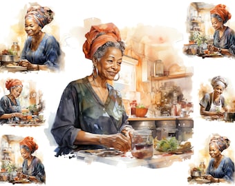 Aquarell schwarz ältere Frau Culinary Clipart, Großmutter Kochen Png, Kochen Job Clipart, volle kommerzielle Nutzung, Oma Küche Png