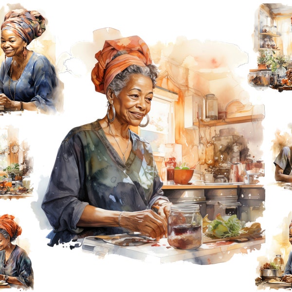 Watercolour Black Elderly Woman Culinary Clipart, Grandmother Cooking Png,  Cooking Job Clipart,  Full Commercial Use, Granny  Kitchen Png