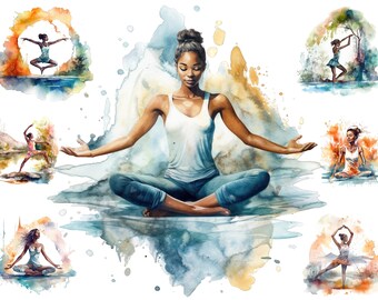 Watercolor Young Black Girl Clipart. Yoga Clipart PNG ,Meditation Clipart,  Mystical Clipart, Full Commercial Use