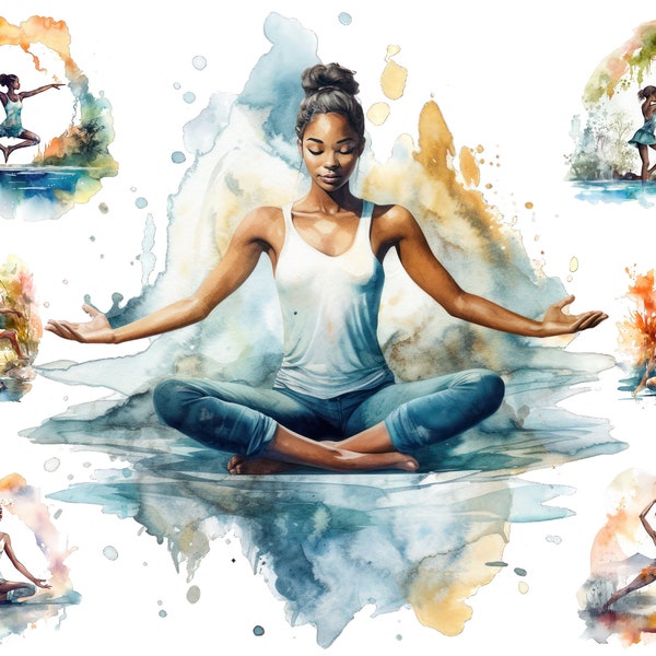 Clipart de niña negra joven acuarela. Imágenes prediseñadas de yoga PNG, imágenes prediseñadas de meditación, imágenes prediseñadas místicas, uso comercial completo