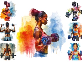 Watercolour Black Girl Fitness Clipart, African American Woman Sports Activities Clipart, Gym Girl Png, Athlete,  Full Commercial Use