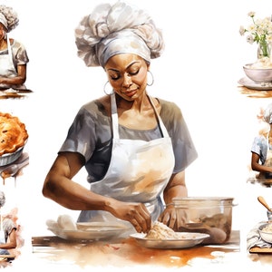 May include: A collage of images featuring a woman in a white chef's hat and apron preparing food. The images show her mixing ingredients, adding flour to a pie crust, and preparing a dish with a spoon. The collage also includes images of a pie, a bowl of flour, eggs, and a bottle of milk.
