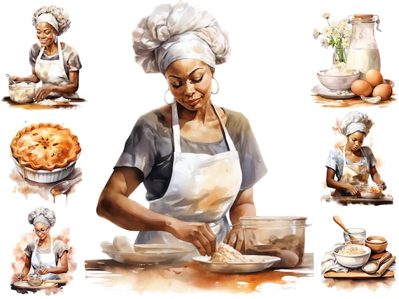 Watercolour Black Woman Pastry Chef Clipart, Afro Woman Bakery Chef Png,  Cooking Job Clipart,  Full Commercial Use