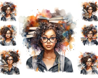 Watercolour Black Girl Bookworm Clipart, Educational Concept Clipart, Book Lover PNG,   Full Commercial Use