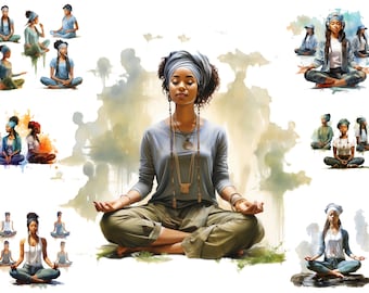 Aquarell schwarze Mädchen Clipart, Gruppe Yoga Png, Meditation Clipart, mystische Clipart, volle kommerzielle Nutzung, Sublimation