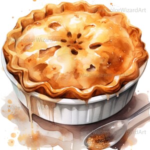 May include: A watercolor painting of a golden brown apple pie in a white ceramic dish. The pie is topped with a lattice crust and has a glossy finish. The pie is surrounded by brown watercolor splatters.