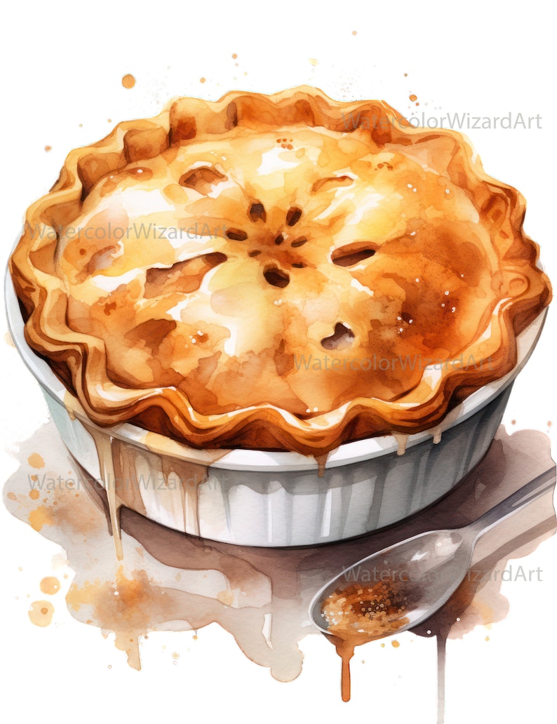 May include: A watercolor painting of a golden brown apple pie in a white ceramic dish. The pie is topped with a lattice crust and has a glossy finish. The pie is surrounded by brown watercolor splatters.