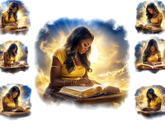 Aquarell schwarze Frau Bibel Studium Clipart, Afroamerikanerfrau Lesebibel Png, christlicher Png, volle kommerzielle Nutzung