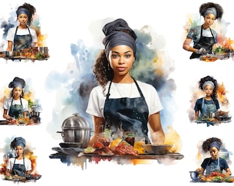 Watercolour Black Woman Chef Clipart, African American Chef Png,  Cooking Job Clipart,  Full Commercial Use, Business Kitchen Png