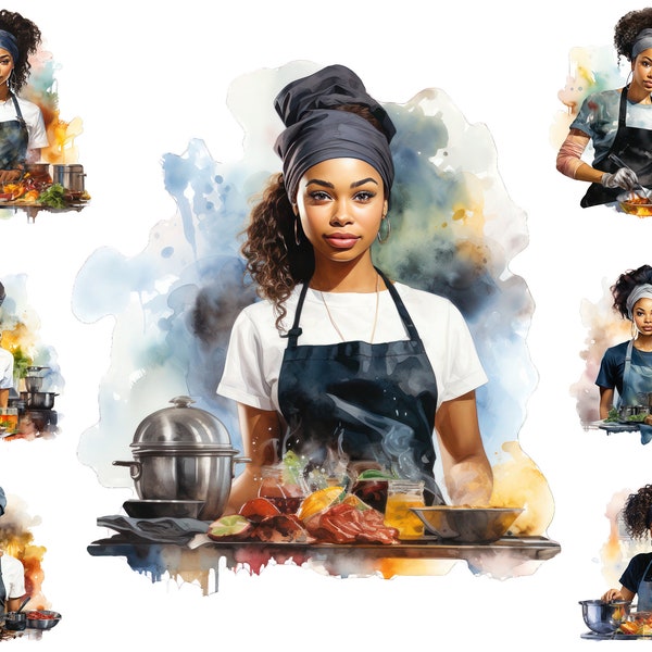 Watercolour Black Woman Chef Clipart, African American Chef Png,  Cooking Job Clipart,  Full Commercial Use, Business Kitchen Png
