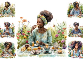 Watercolour Happy Black Woman Spring Garden Tea Party Clipart, Spring Floral Flowers Garden,  Full Commercial Use