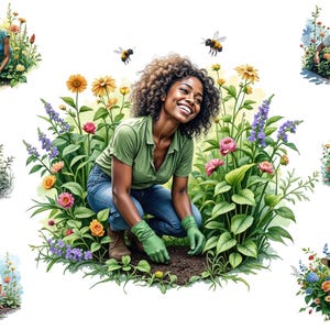 Watercolour Black Woman Gardening Png, African American Woman Gardener Clipart, People Gardening,   Full Commercial Use