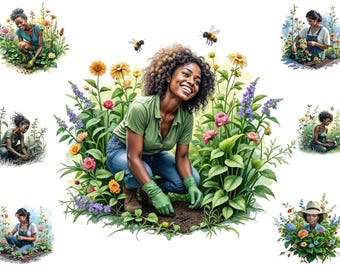 Watercolour Black Woman Gardening Png, African American Woman Gardener Clipart, People Gardening,   Full Commercial Use