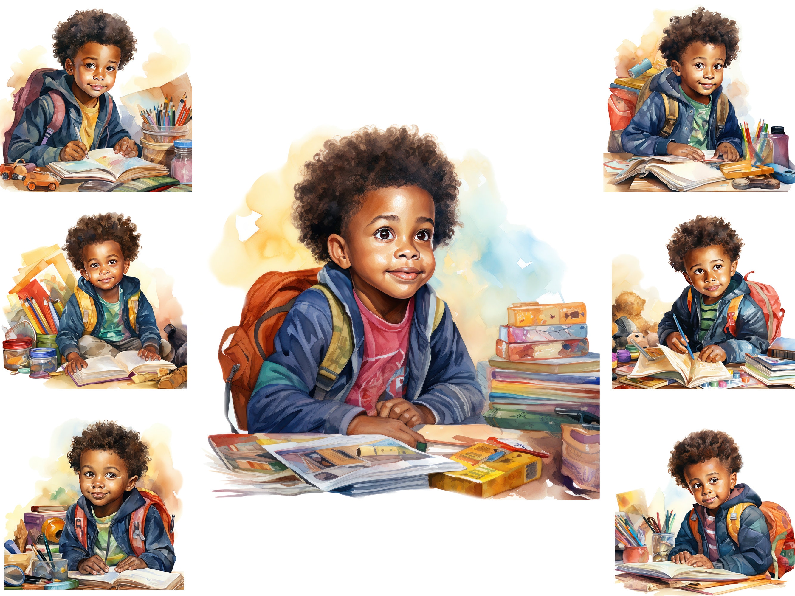Watercolour Happy African American School Boy Clipart, Black Children ...