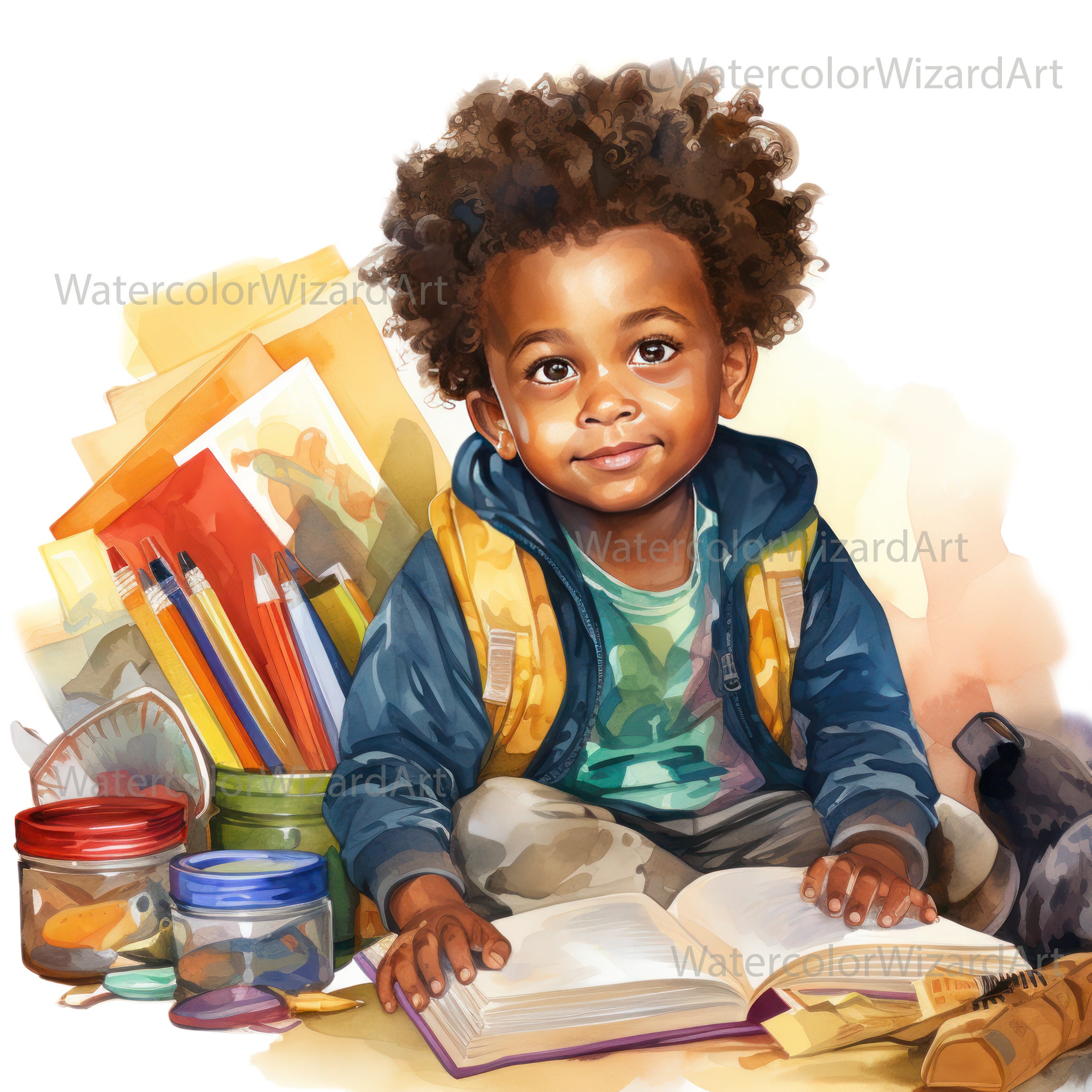 Watercolour Happy African American School Boy Clipart, Black Children ...