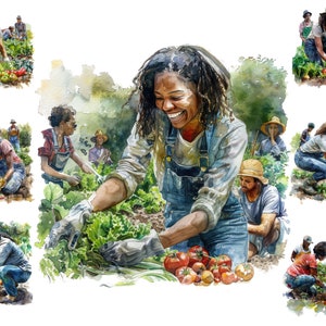Watercolour Black Woman Gardening Png, African American Woman Gardener Clipart, People Gardening,   Full Commercial Use