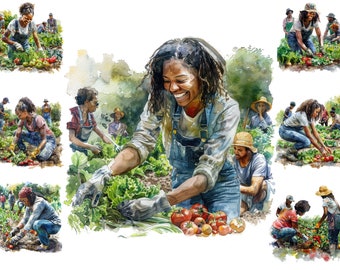 Watercolour Black Woman Gardening Png, African American Woman Gardener Clipart, People Gardening,   Full Commercial Use