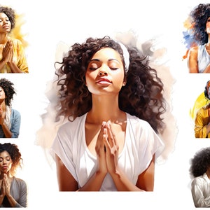 Watercolour Black Woman Praying, African American Woman Praying Clipart, Meditation Png, Christian, Religious Clipart,  Full Commercial Use