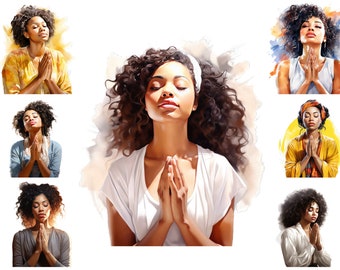 Watercolour Black Woman Praying, African American Woman Praying Clipart, Meditation Png, Christian, Religious Clipart,  Full Commercial Use