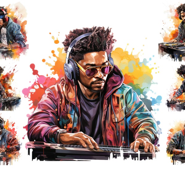 Watercolour Black Man DJ Clipart, African American Male DJ  Png,  Full Commercial Use, Sublimation Design