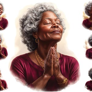 Watercolour Elderly Black Woman Praying, African American Old Woman Praying Clipart, Sublimation Png,  Full Commercial Use