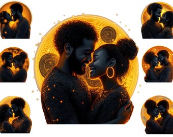 Akwarela Romantyczna Czarna Para Clipart. Afroamerykańska Para Png, Miłość Clipart, Walentynki Do Wydruku, Sublimacja Png
