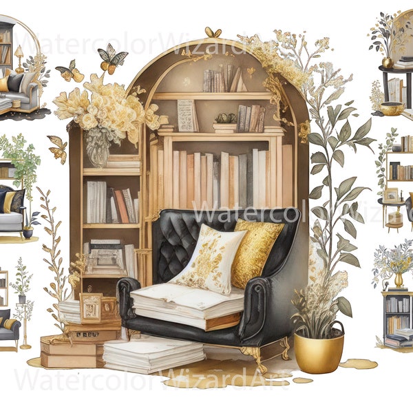 Watercolour Bookworm Clipart Bundle, PNG, Cosy Reading Corner, Bookshelf,Bookcase, Library,Interior, Full Commercial Use