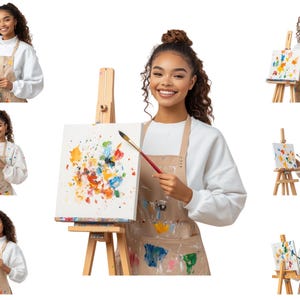 Watercolour Black Girl Painting Clipart, Female Painter Clipart, Visual Artist Png,  Full Commercial Use