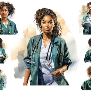 Watercolour African American Female Doctor Clipart, Black Woman Doctor,  Sublimation Png,  Full Commercial Use