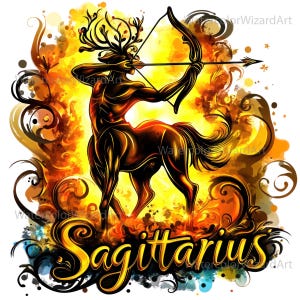 May include: A watercolour illustration of the astrological sign Sagittarius, depicted as a centaur with a bow and arrow, set against a fiery orange and yellow background.